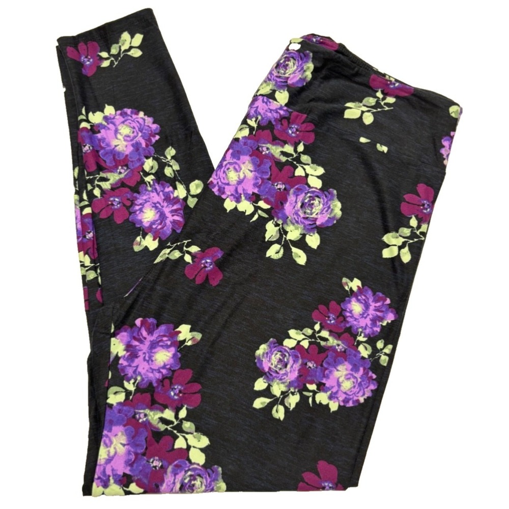 LuLaRoe Womens Leggings Size TC2 Purple Floral Roses Black Heather Plus 18+ NWT